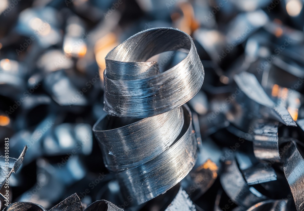 Poster close-up view of metallic shavings and chips from a machining process highlighting their twisted and