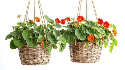 Two hanging nasturtium baskets, home decor, white background, spring flowers