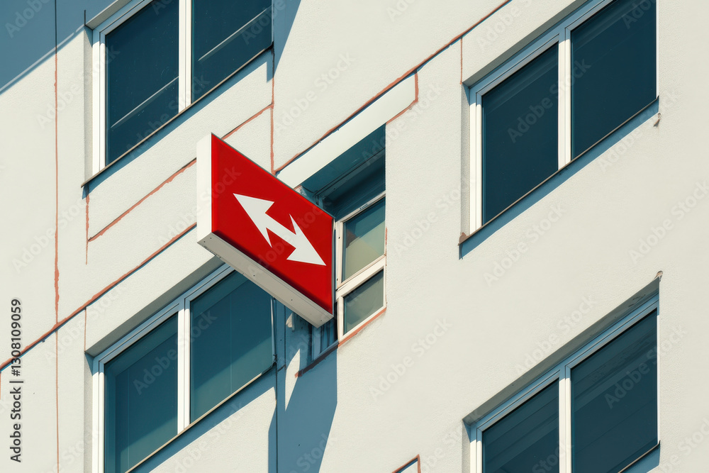 Poster a sign with two arrows pointing to the right hangs on a building