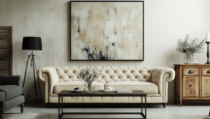 Elegant, cozy living room with a tufted sofa, artwork, and wooden furniture.