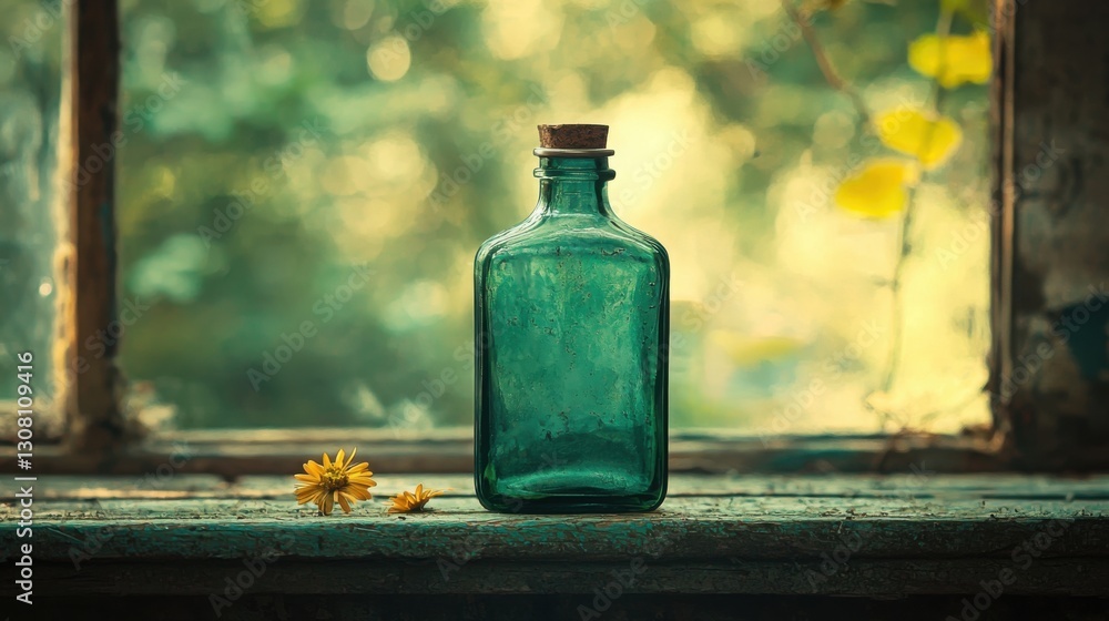 Poster artistic arrangement of a bottle with a flower creating a unique creative shooting setup and copy sp