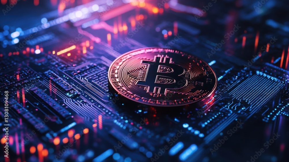 Poster bitcoin coin positioned on a circuit board symbolizing the intersection of cryptocurrency and techno