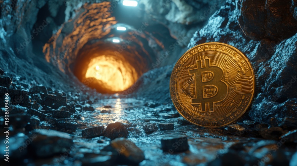 Poster bitcoin coin positioned inside a tunnel representing the complexities of crypto mining and the digit