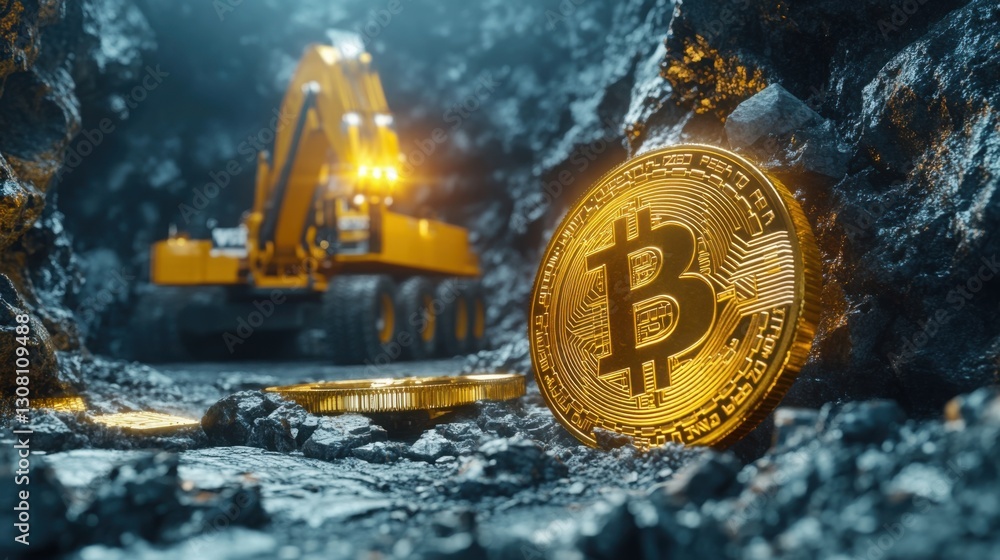 Poster bitcoin coin displayed within a mining site illustrating the process of crypto mining and the emerge