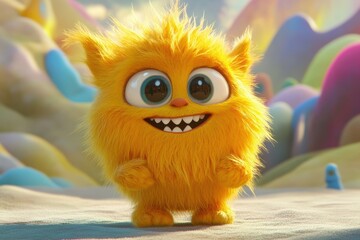 Fototapeta premium A cheerful, fluffy yellow creature with big blue eyes and a wide grin stands in a colorful, whimsical landscape, radiating joy and playfulness for children's content.