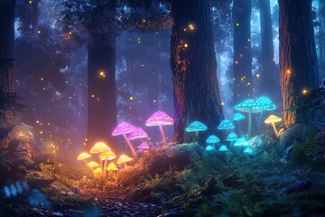A magical forest glows with vibrant bioluminescent mushrooms in pink, orange, and blue. Tall trees and soft ferns create an enchanting atmosphere filled with glowing fireflies.