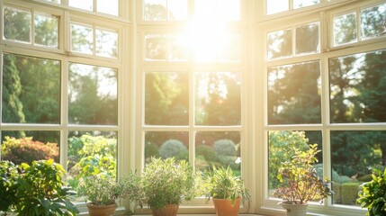 Sunlit Bay Window with Indoor Plants and Garden View