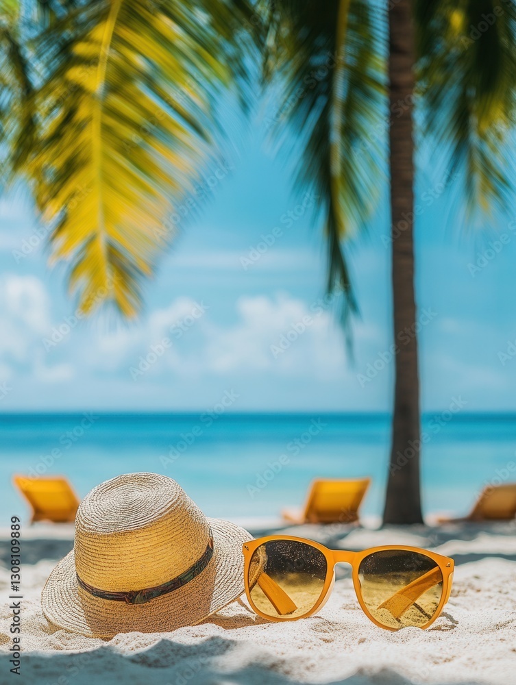 Poster relaxing moments under palm trees on a sunny beach with a hat and sunglasses resting on the sand gen