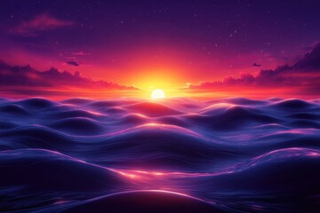A vibrant sunset over rolling ocean waves, creating a serene and tranquil atmosphere.