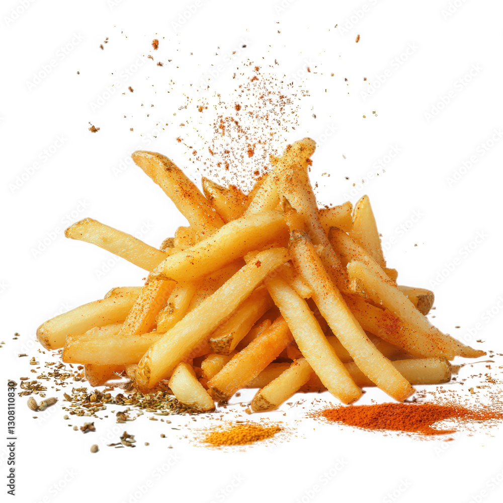 Poster mound of golden french fries. sprinkled with various spices. creating a vibrant and appetizing prese