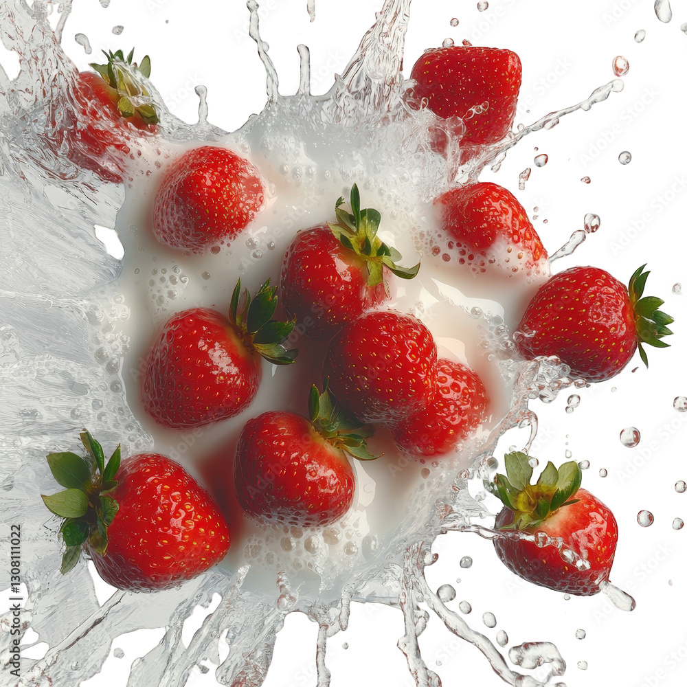 Poster fresh strawberries splashing into a pool of milk. creating a dynamic and visually appealing scene th