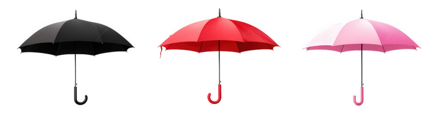 three umbrellas in a row. each with a distinct color black. red. and pink these umbrellas are designed for protection against rain and sun. showcasing a simple yet effective design that emphasizes fun