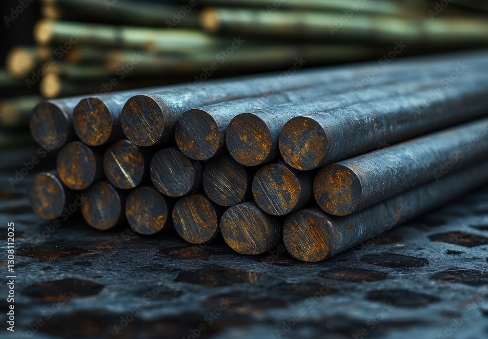 Poster close-up view of rusty metal rods stacked on a checkerboard surface in an industrial setting with bl