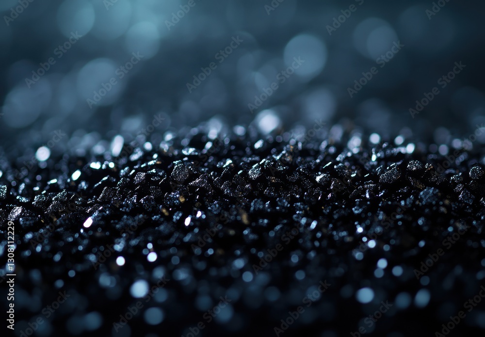 Poster close-up view of shimmering black granules with beautiful bokeh effects creating an ethereal backgro