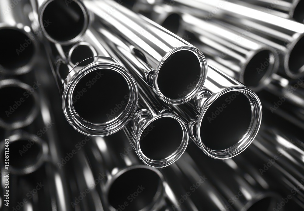 Poster close-up view of shiny metal pipes arranged in a dynamic pattern, showcasing reflections and smooth 
