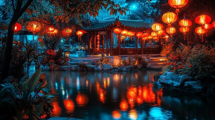 Obraz premium Night garden, lanterns, pavilion, pond reflection, serenity