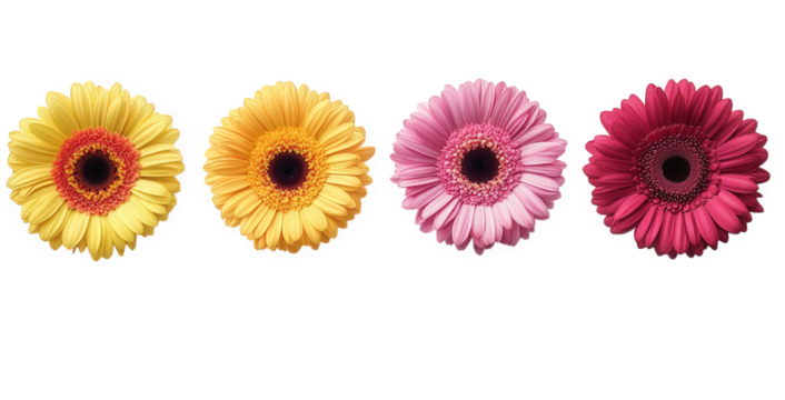 four vibrant gerbera daisies arranged in a row. showcasing a gradient of colors from yellow to red the flowers are placed against a clean. white background. emphasizing their bright hues and intricate