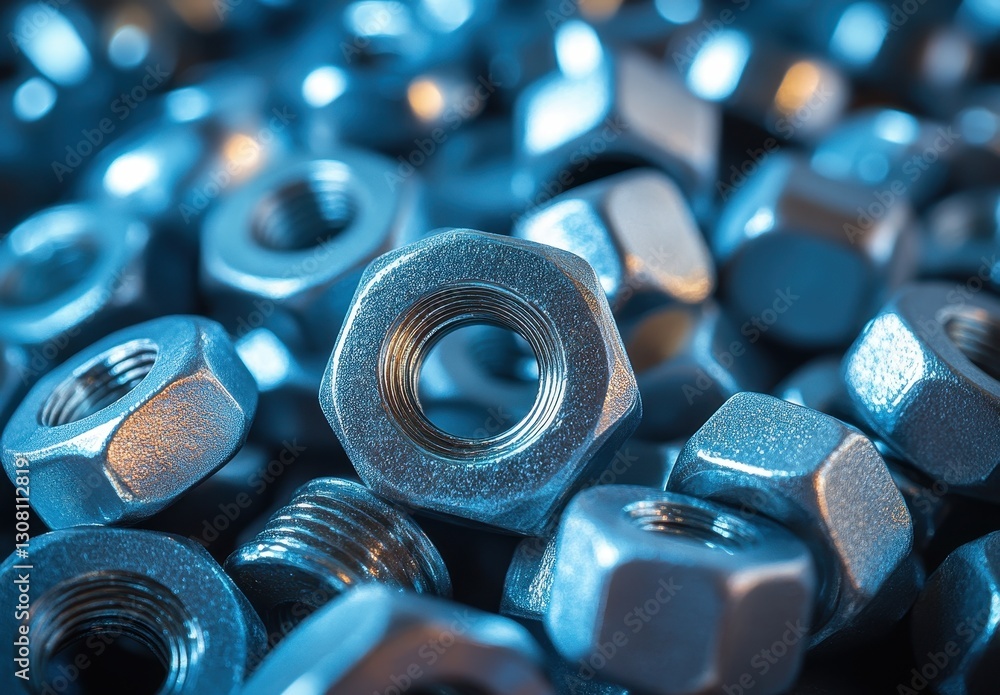 Poster close-up view of shiny metallic nuts with detailed threads and reflective surfaces against a soft bl