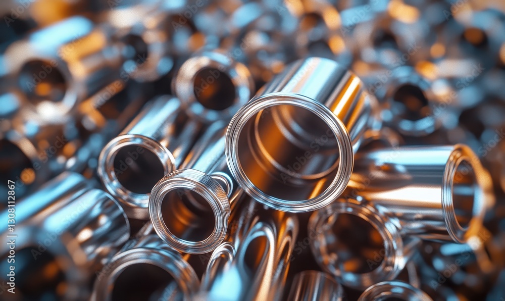 Poster close-up view of shiny metallic pipes and tubes in a chaotic arrangement highlighting reflection and
