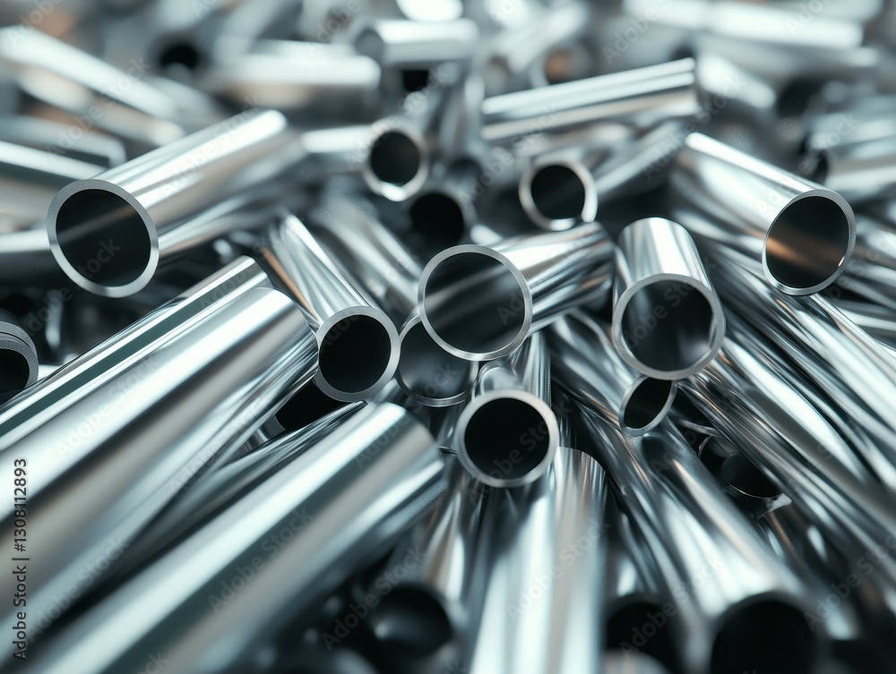 Aufkleber close-up view of shiny metallic pipes and tubes in a chaotic pile creating an abstract industrial ba