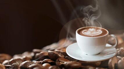 Steaming coffee latte with leaf art in a white cup, set upon roasted coffee beans. - Powered by Adobe