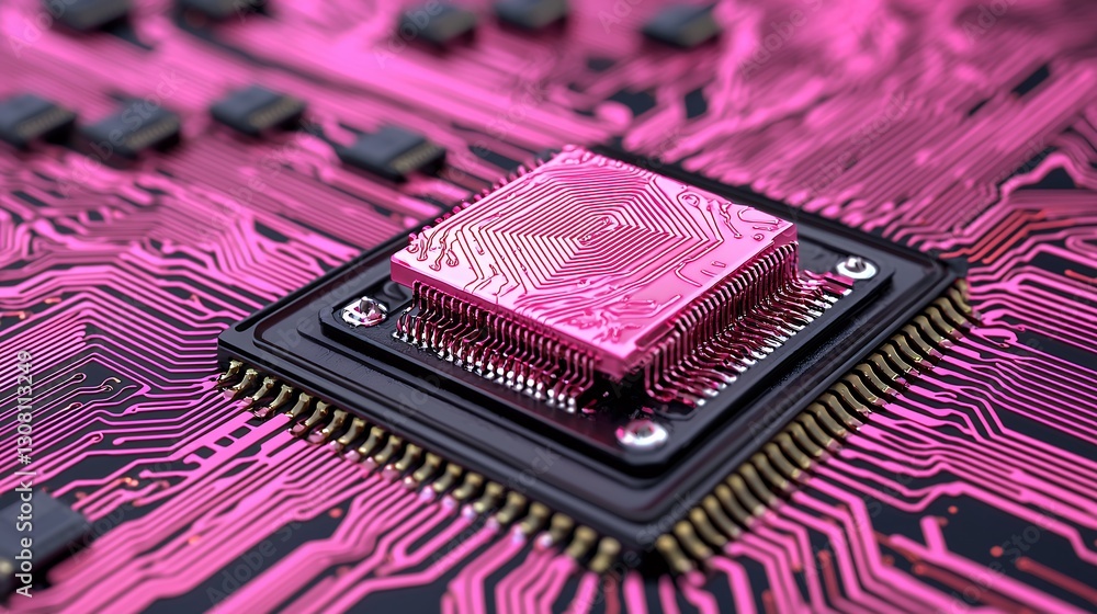 Poster pink fingerprint microchip on circuit board closeup of technology and security