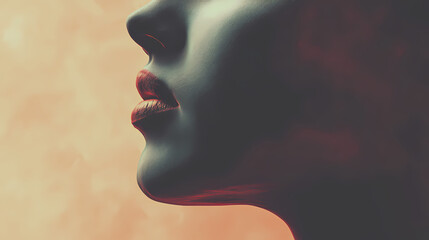 A minimalist portrait of a woman, with only her lips and part of her face softly lit in an artistic style. Transcendent - Statue. Illustration