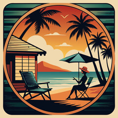 A retro vintage colour beach scene setting sun, A  home under a palm tree and a woman sitting on the beach on a wooden chair, rounded logotype, and t-shirt