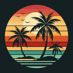 A retro vintage color beach scene setting sun, A  home under palm tree and a woman setting on the beach on wooden chair, rounded logo type,