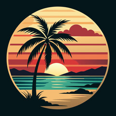 A retro vintage color beach scene setting sun, A  home under palm tree and a woman setting on the beach on wooden chair, rounded logo type,