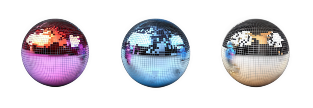 three spherical disco balls. each reflecting light in different colors pink. blue. and silver these vibrant orbs are commonly associated with nightlife. dance. and entertainment. often used in parties
