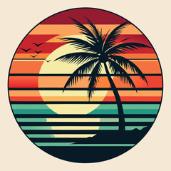 A retro vintage color beach scene setting sun, A  home under palm tree and a woman setting on the beach on wooden chair, rounded logo type,