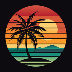 A retro vintage color beach scene setting sun, A  home under palm tree and a woman setting on the beach on wooden chair, rounded logo type,
