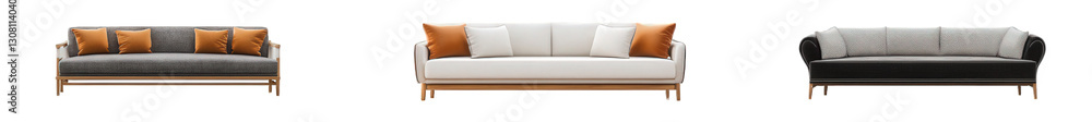 Poster three distinct sofas. each featuring a modern design with varying colors and textures the first sofa