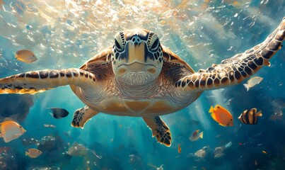 Obraz premium Majestic sea turtle glides through crystal-clear ocean waters, surrounded by vibrant tropical fish, celebrating the beauty and importance of marine ecosystems on world environment day