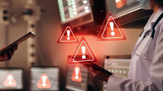 Multiple holographic icons symbolize alerts and warnings hovering in midair as a technician analyzes them highlighting the proactive approach to cybersecurity.