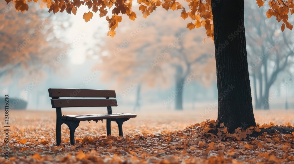 Poster Solitary bench under a tree surrounded by fallen leaves in a park during soft autumn light Generative AI