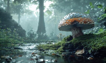 Fototapeta premium Colorful mushroom growing in a humid and misty forest near a small stream, celebrating world environment day