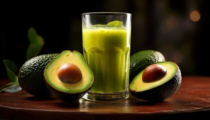 glass of fresh avocado juice with slice closeup with lite background