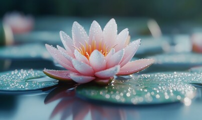 Beautiful pink water lily with glistening dew drops, symbolizing purity and serenity in nature, perfect for world environment day