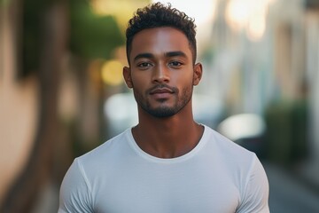 Fototapeta premium A young man stands confidently in a vibrant urban setting, wearing a white t-shirt. His charming smile radiates positivity and embodies modern youthfulness.