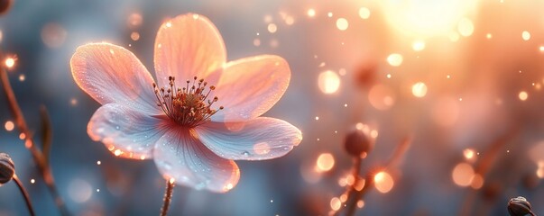 Fototapeta premium Delicate flower with dew drops blooming in spring sunlight, celebrating the beauty of nature on world environment day