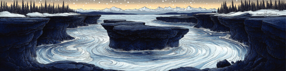 Stunning Winter Canyon Vector Scene with Flowing River and Snow-Capped Pines at Sunrise, Featuring Snowfall, Expansive Sky, Rockies and Detailed Cliff Edges