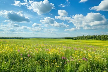 Fototapeta premium A vibrant field of wildflowers in yellow, pink, and white blossoms under a bright blue sky with fluffy clouds, showcasing nature's beauty and tranquility amid lush greenery.