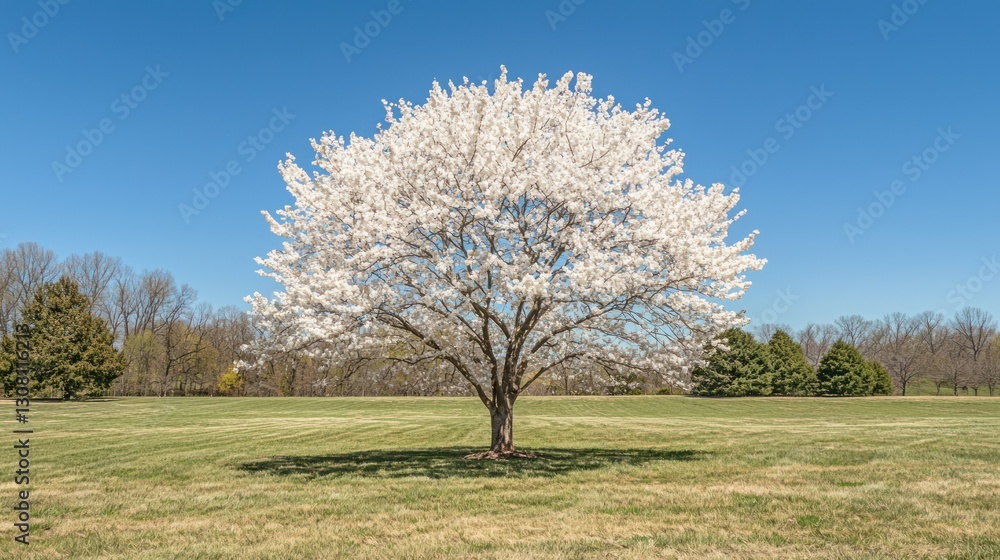 Poster a single cherry tree standing in an open grassy field under a clear blue sky.