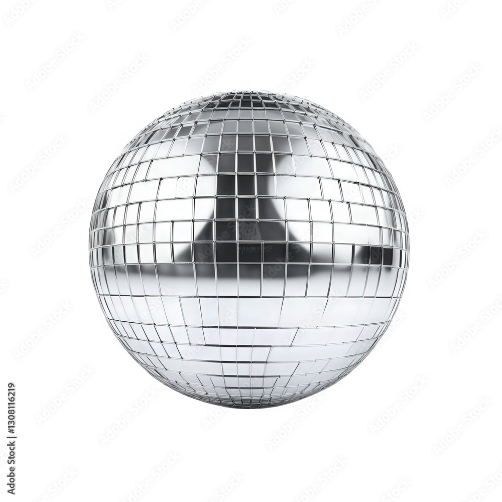 Poster shiny. reflective disco ball. characterized by its mosaic of small. square mirrors that create a spa