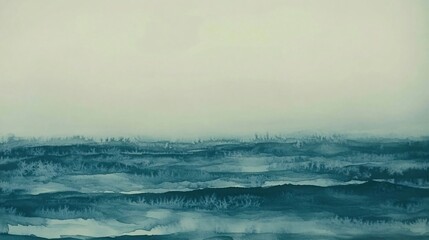 Serene ocean watercolor painting, misty horizon, calm waves, background texture, ideal for relaxation themed designs