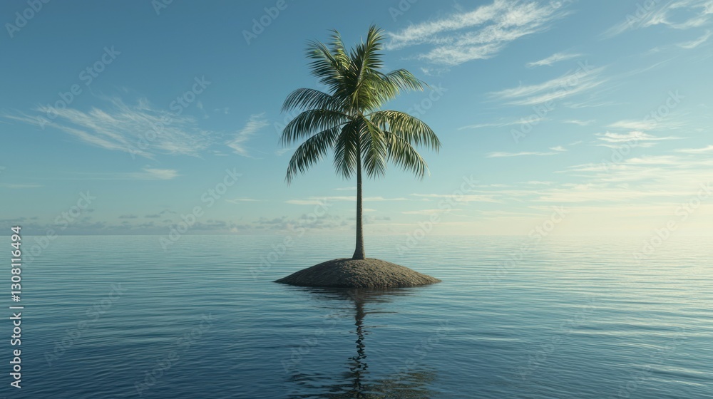 Poster A single tall palm tree standing on a small island in the middle of the ocean