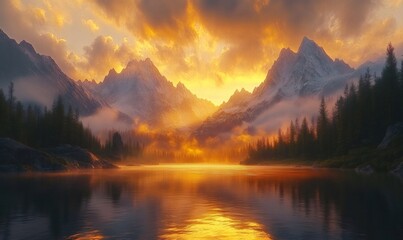 Fototapeta premium Breathtaking sunset reflecting on a pristine alpine lake, surrounded by majestic snow-capped mountains and lush forests