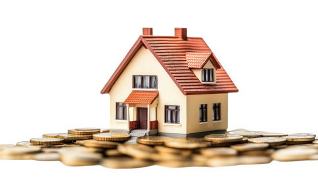 small model house placed atop a pile of coins. symbolizing the concept of real estate investment and financial growth the house is designed with a red roof and a welcoming facade. while the coins repr